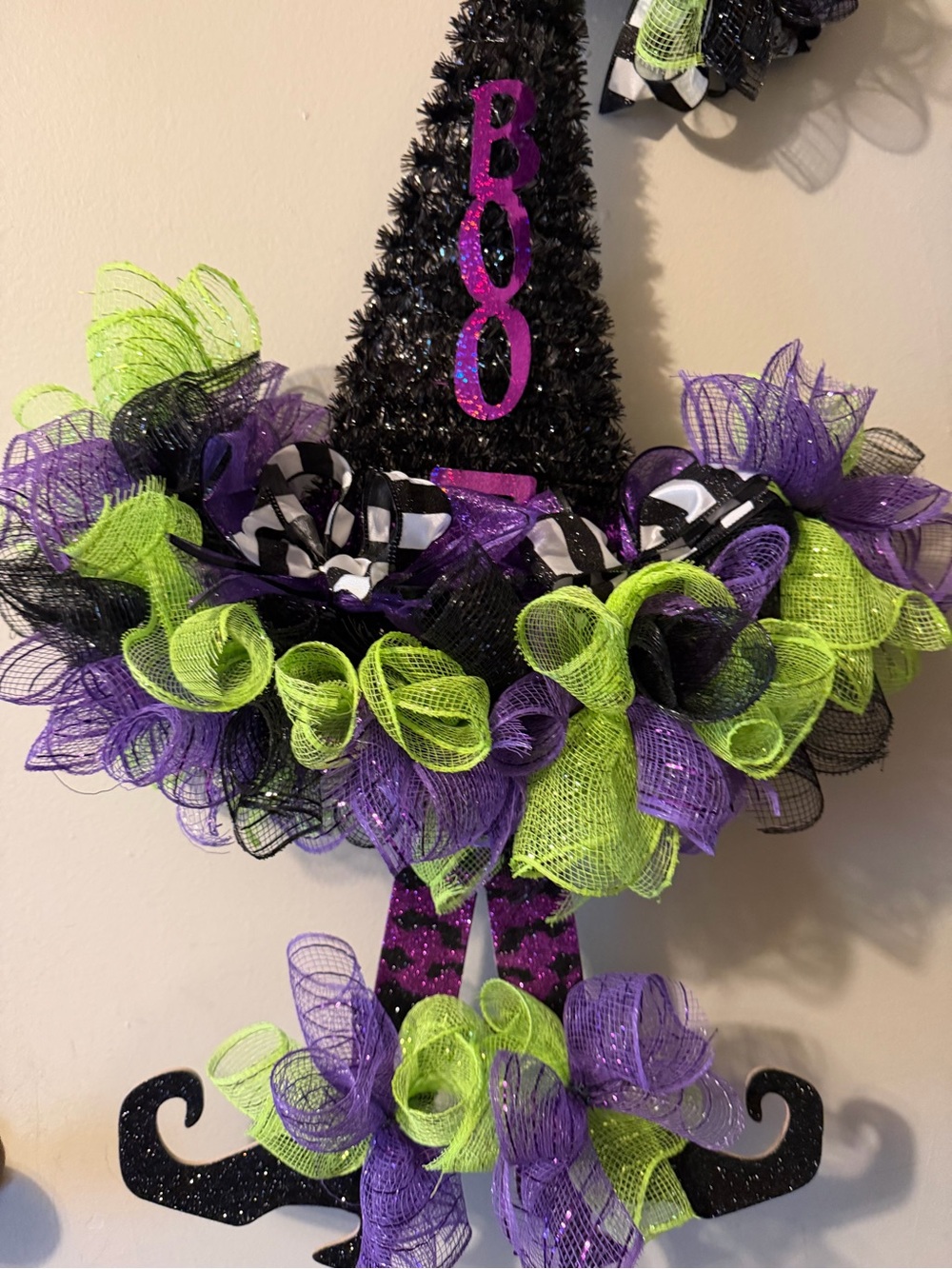 Festive Halloween Witch Hat Door Wreath - Purple, Green & Black
